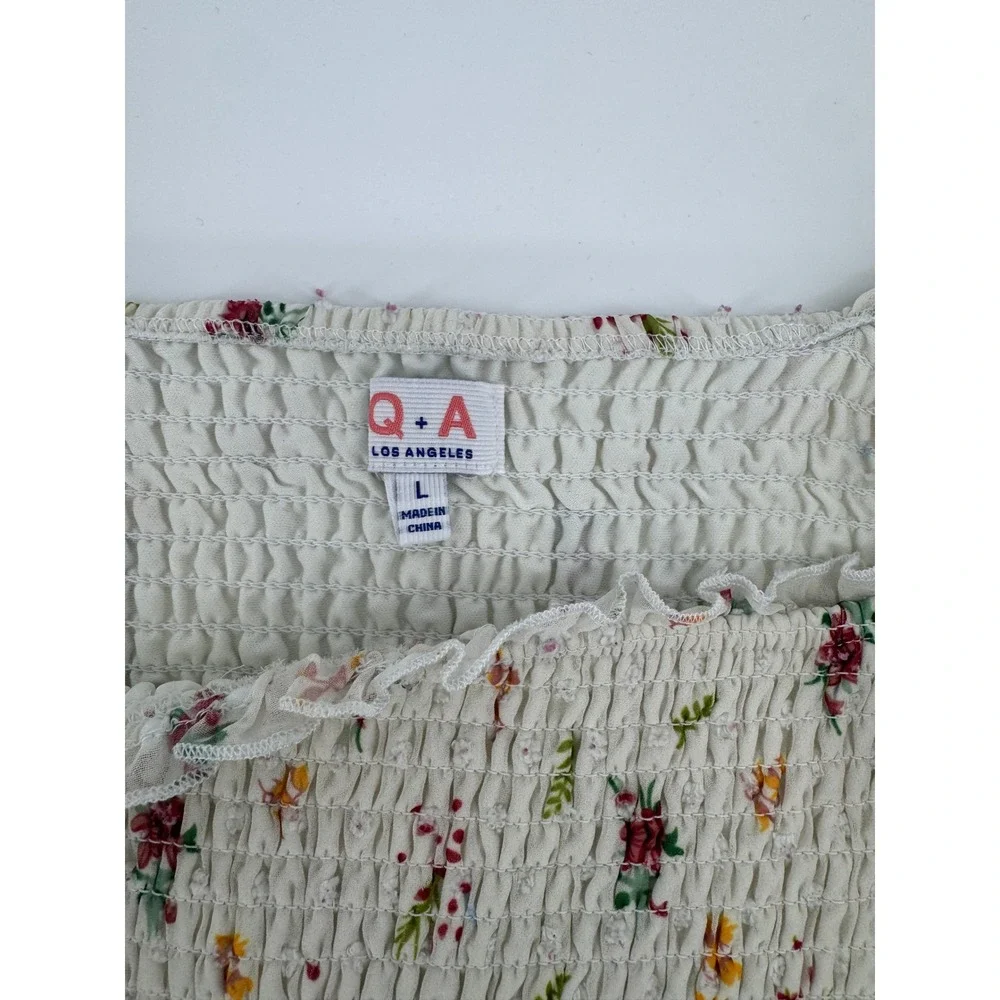 Q+A Los Angeles Floral Smocked Peplum Top Swiss Dot Puff Sleeve Cream Large - Picture 5 of 6